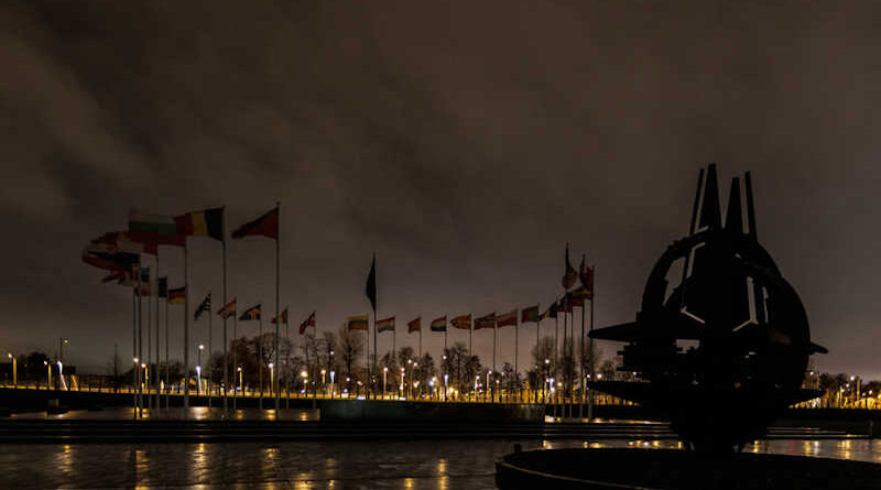 NATO Headquarters in Brussels, Belgium, joined other international landmarks and switched off lights on 21 December 2022 in solidarity with Ukraine. Photo: NATO
