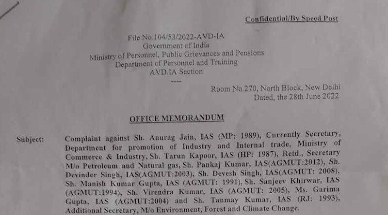 The Department of Personnel and Training (DoPT) with its Office Memorandum dated 28th June 2022 has urged the Cabinet Secretariat, Government of India, to investigate the corruption cases of IAS officers through the Group of Secretaries. The DoPT has sent multiple such letters to Mr. D.K. Jain, Under Secretary (VCC), Cabinet Secretariat, Government of India. But no action has been taken. [ This document image has been cropped to maintain confidentiality in this case which is under investigation. ]