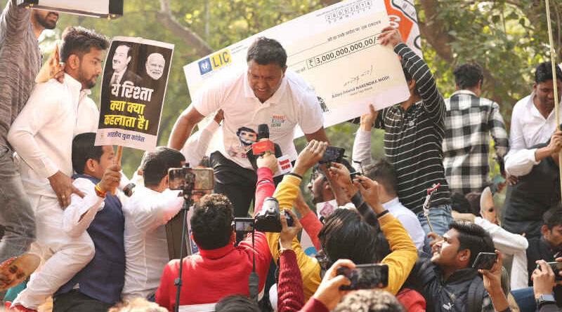 Congress workers protesting against PM Narendra Modi and Adani Group on February 6, 2023. Photo Congress