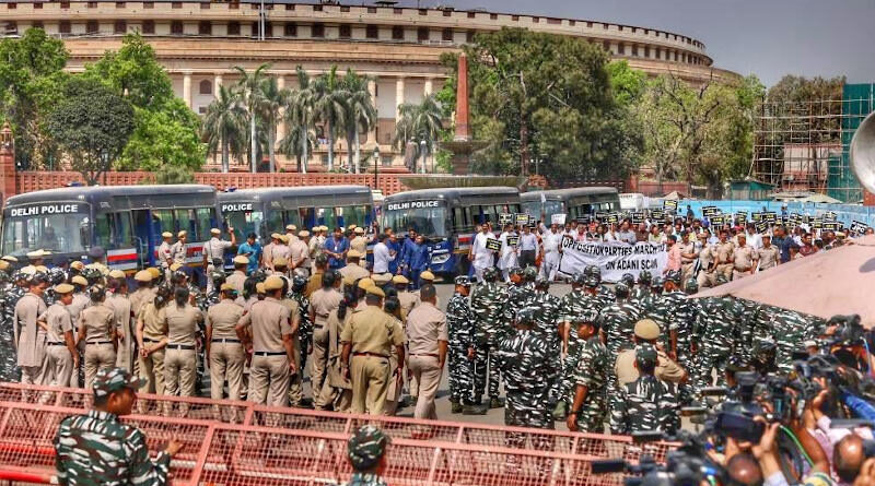 The Modi government deployed heavy police force to stop opposition leaders protesting against Modi and his oligarch friend Gautam Adani in Adani corporate fraud case - in New Delhi on March 15, 2023. Photo: Congress