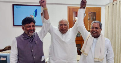 Congress leaders DK Shivakumar, Mallikarjun Kharge, and Siddaramaiah after winning the Karnataka election 2023. Photo: Congress