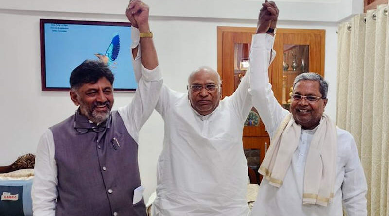Congress leaders DK Shivakumar, Mallikarjun Kharge, and Siddaramaiah after winning the Karnataka election 2023. Photo: Congress
