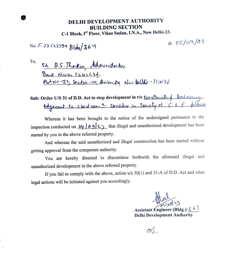 The “Stop Construction” notice dated 05.09.2023 issued by DDA to B.S. Thakur who is the administrator at Bank Niwas CGHS.