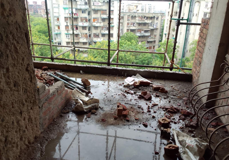 My house – 463, DPS Apts., Plot No. 16, Sector 4, Dwarka, Phase I, New Delhi 110 078 – being broken with lethal construction ordered by judge Manish Khurana. Rakesh Raman