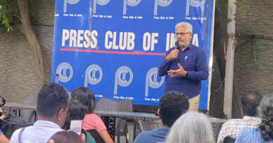 Media persons holding a meeting on October 3, 2023 at the Press Club of India against multiple police raids on a number of journalists. Photo: Press Club of India