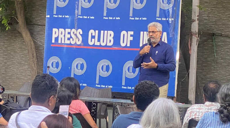 Media persons holding a meeting on October 3, 2023 at the Press Club of India against multiple police raids on a number of journalists. Photo: Press Club of India