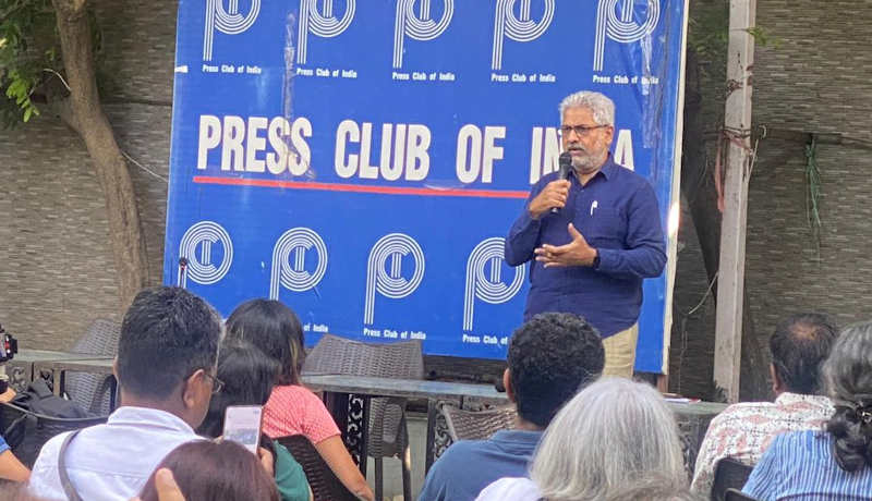Media persons holding a meeting on October 3, 2023 at the Press Club of India against multiple police raids on a number of journalists. Photo: Press Club of India
