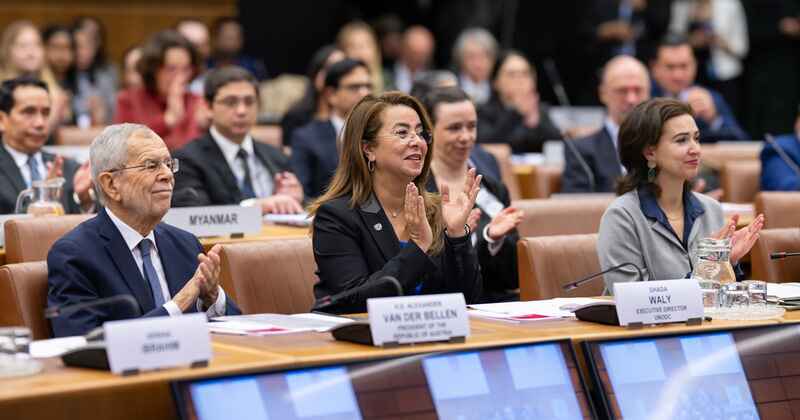 Federal President of the Republic of Austria Alexander Van der Bellen, UNODC Executive Director Ghada Waly and Federal Minister of Justice of Austria Alma Zadić at the UNCAC anniversary event. Photo: Christian Bruno/UNODC