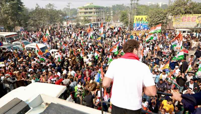 Congress leader Rahul Gandhi addressing a public rally in Assam on January 23, 2024. Photo: Congress