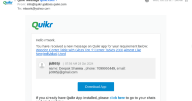 Screenshot of the email that I received from Quikr about Deepak Sharma's message to me on October 28, 2024.