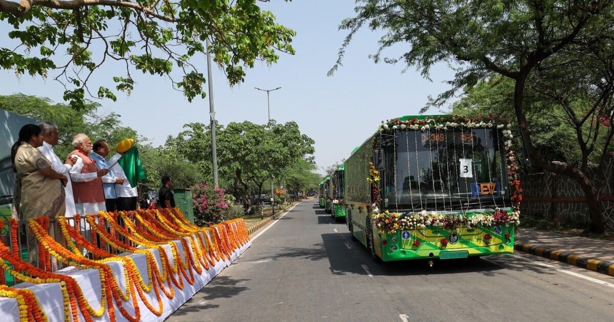 Prime Minister of India Narendra Modi flagged off a fleet of electric buses in Delhi on June 5, 2025. Photo: PIB / Narendra Modi / Twitter (X)