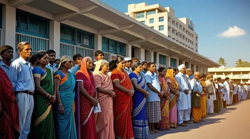 Representational AI-generated image of long queues of Indian men and women standing outside a hospital. Photo: RMN News Service