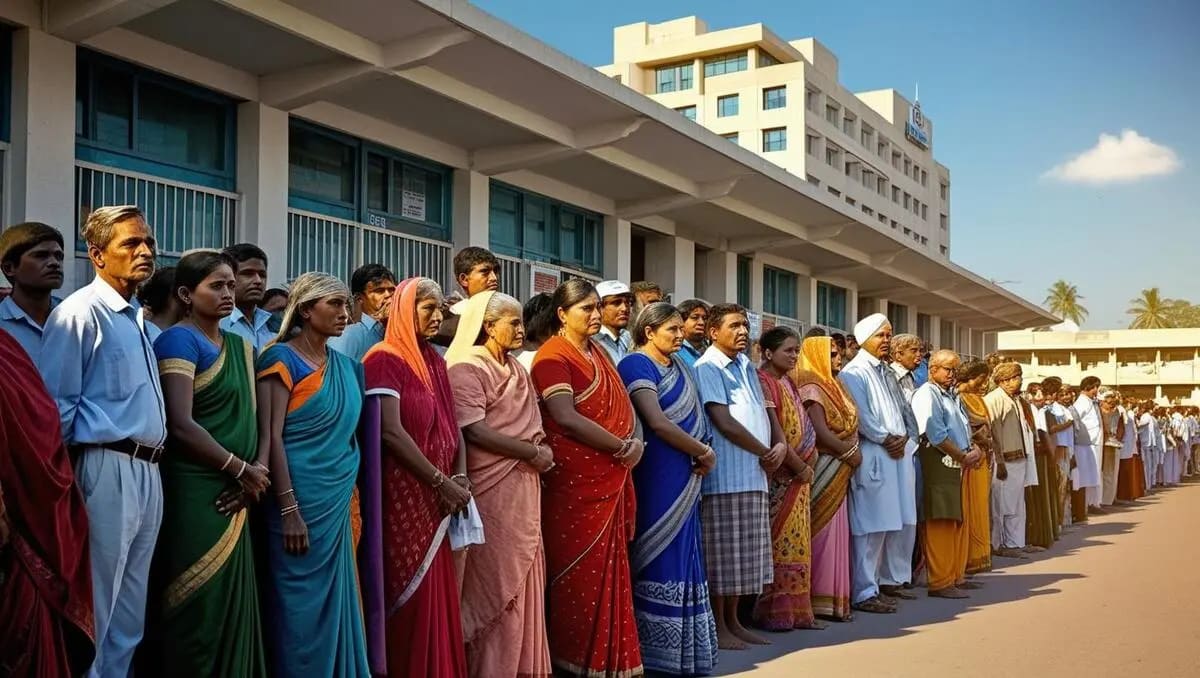 Representational AI-generated image of long queues of Indian men and women standing outside a hospital. Photo: RMN News Service