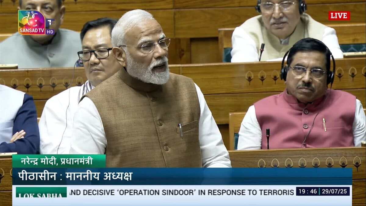 Prime Minister of India Narendra Modi speaking on Pahalgam attack and Operation Sindoor in Parliament on July 29, 2025. Photo: BJP / Parliament