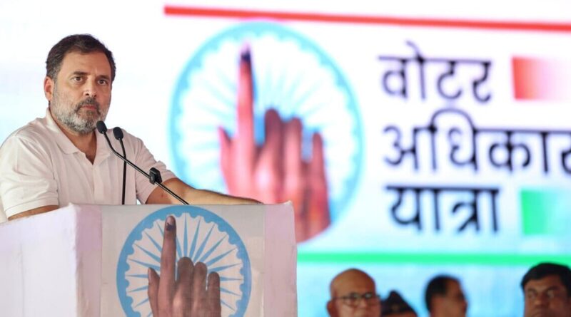 Congress leader Rahul Gandhi addressing an election rally for Voter Adhikar Yatra in Bihar on August 17, 2025. Photo: Congress