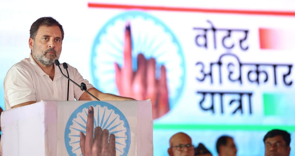 Congress leader Rahul Gandhi addressing an election rally for Voter Adhikar Yatra in Bihar on August 17, 2025. Photo: Congress