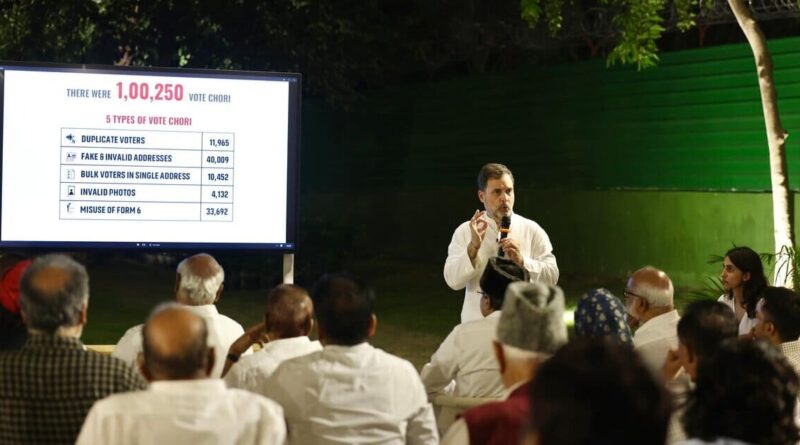 Congress leader Rahul Gandhi explaining vote theft by the Election Commission in collusion with BJP on August 7, 2025. Photo: Congress