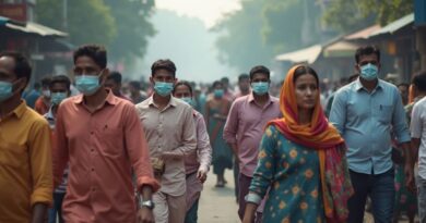 Representational AI-generated image of people walking through increasing levels of air pollution in New Delhi. Photo: RMN News Service