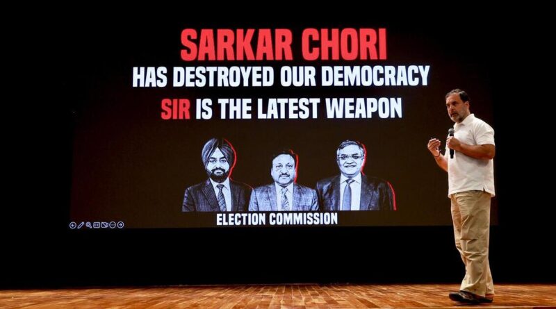 Congress leader Rahul Gandhi holding a press conference in Delhi on November 5, 2025 to accuse the Bharatiya Janata Party (BJP) of widespread electoral manipulation and tampering with the mandate during the Haryana assembly elections. Photo: Congress