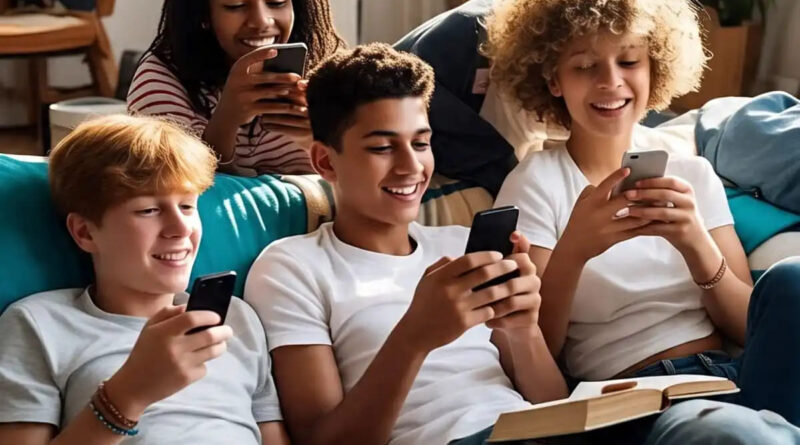 Representational image of teens (boys and girls) using social media on their mobile phones. Image generated with Meta AI image generator by RMN News Service.