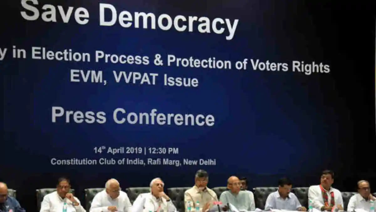 Opposition political parties holding a press conference on April 14, 2019 to raise the issue of election frauds on EVMs in India. (file photo)