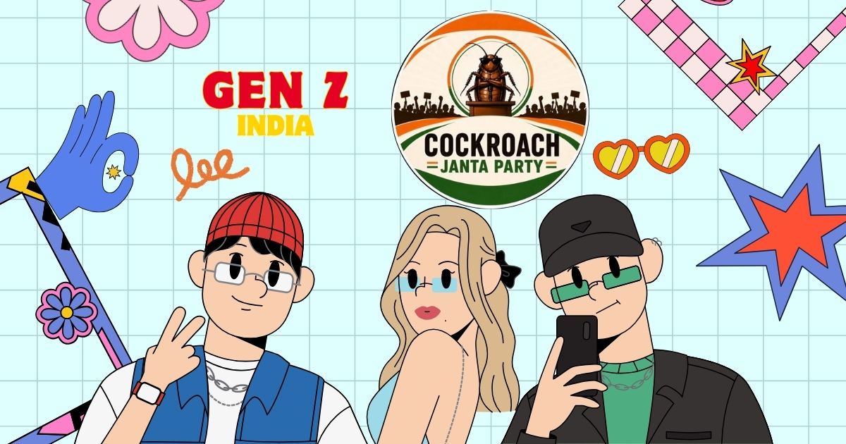 Digital illustration representing Gen Z India youth and the official logo of the Cockroach Janta Party (CJP).