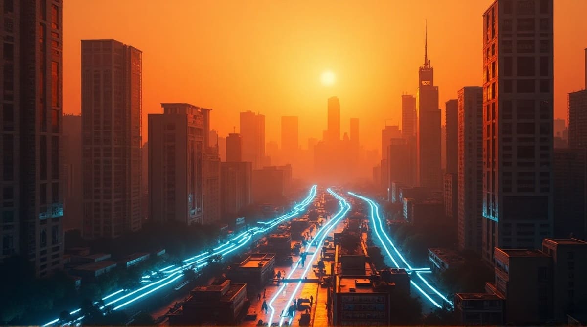 Representational Image: Delhi’s future under heat stress: a blazing skyline powered by invisible, AI-driven cooling networks turning survival into a shared service.