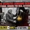 Investigative collage of PM Modi receiving a medal surrounded by world leaders and forensic text about decorative laundering.