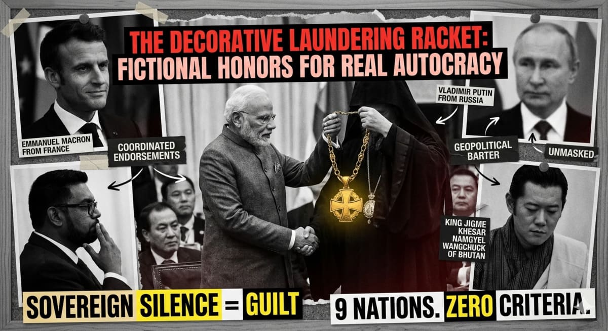 Investigative collage of PM Modi receiving a medal surrounded by world leaders and forensic text about decorative laundering.