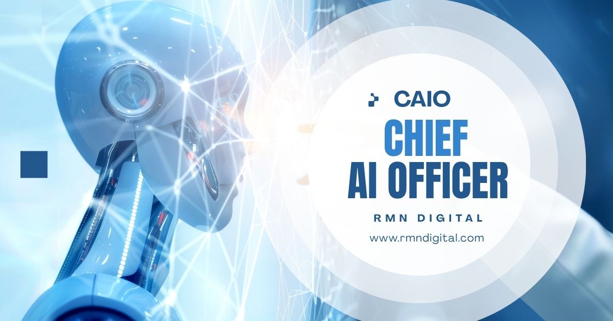 Robot head with CAIO text symbolizing Chief AI Officer leadership in enterprise technology.