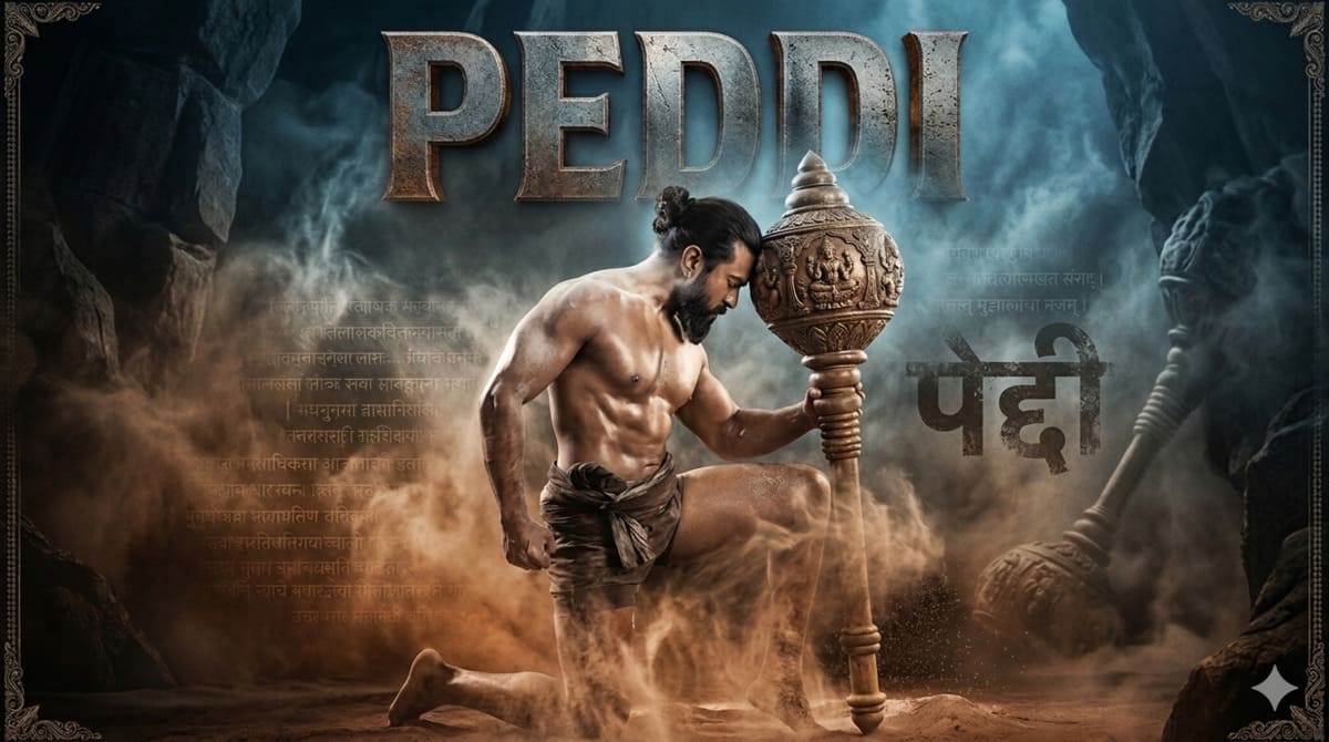 AI-edited movie poster of the film Peddi featuring the "Viksit Bharat" state slogan.