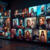 AI-generated actors in gallery frames illustrating the future of automated cinematic technology.