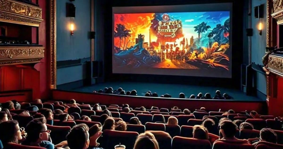 Audience in a cinema hall watching a movie on a large screen, representational of global entertainment trends.