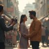 AI-generated representational image of a film shooting showing the hero and heroine in a romantic scene with futuristic AI technology overlays in a modern studio setup.