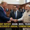 Digital illustration of Donald Trump, Gautam Adani, and Narendra Modi shaking hands in a courtroom setting symbolizing alleged political influence in Adani bribery case dismissal.