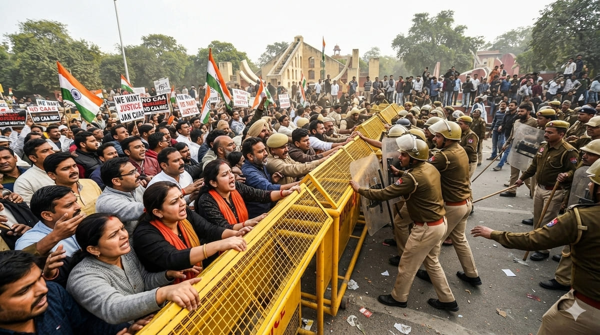 Delhi Police barricades protesters during CJP Jantar Mantar march.