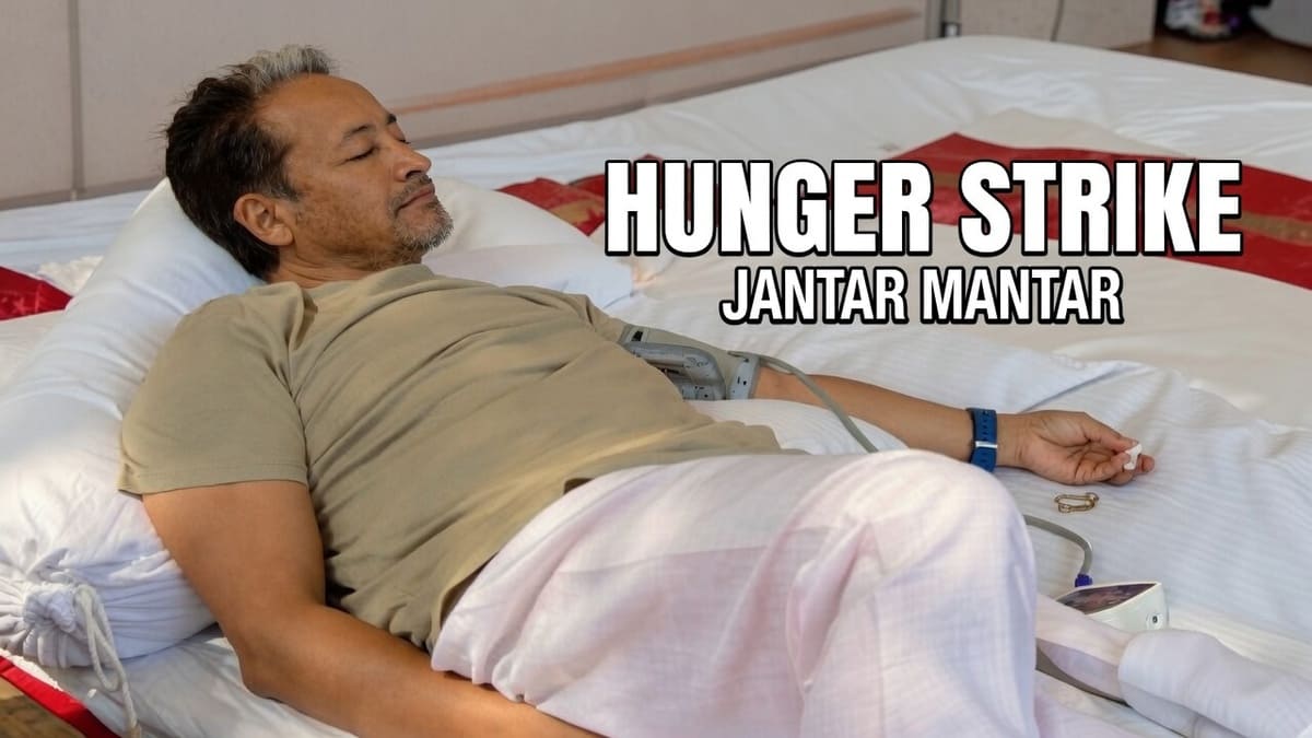 AI-edited representational image depicting Sonam Wangchuk’s hunger strike at Jantar Mantar, New Delhi, highlighting the lack of public turnout.
