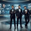 South Indian actors Vishal, Jayam Ravi, Gopichand, and Allari Naresh in formal tuxedos representing James Bond spy archetypes.
