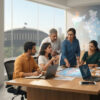 Professionals collaborating in a modern conference room discussing research and democracy initiatives with laptops on the table
