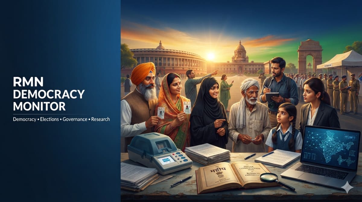 Illustration of RMN Democracy Monitor showing diverse men and women voters standing near a polling booth in India, symbolizing democratic participation and electoral process.
