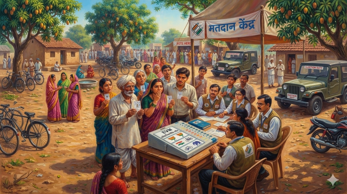 Indian voters examine Electronic Voting Machine and VVPAT unit during demonstration on election transparency and public confidence