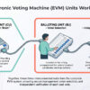 Infographic of three cable-connected EVM components—Control Unit, Balloting Unit, and VVPAT—used together in Indian elections, highlighting physical security vulnerabilities.