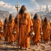 Holy man Maxworth leading twelve ascetics through the arid desert outside the capital of Radon in the Robojit and the Sand Planet sci-fi universe.
