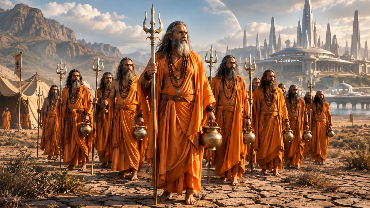 Holy man Maxworth leading twelve ascetics through the arid desert outside the capital of Radon in the Robojit and the Sand Planet sci-fi universe.