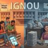 AI illustration showing sleeping IGNOU administrators ignoring stacks of student grievance files while distressed distance education students protest outside