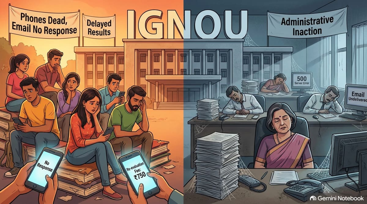 AI illustration showing sleeping IGNOU administrators ignoring stacks of student grievance files while distressed distance education students protest outside